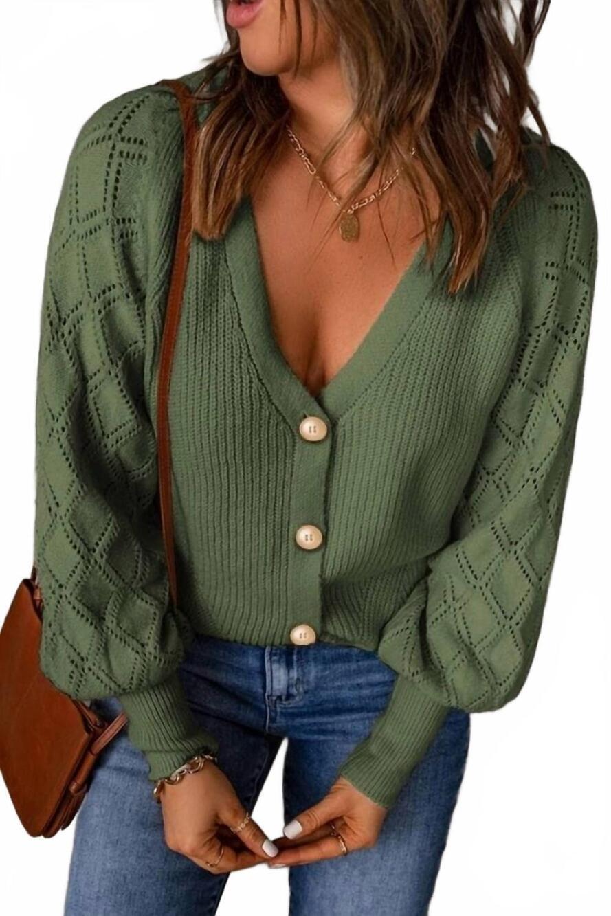 NEW 1 THE WOMAN bishop sleeve button v neck cardigan sweater in green